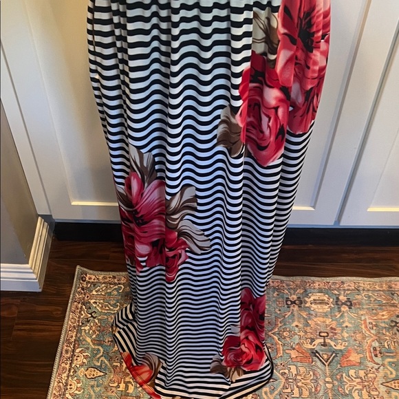 Enfocus Studio Black and White Striped Maxi Dress with Red Floral Accents - Picture 4 of 8